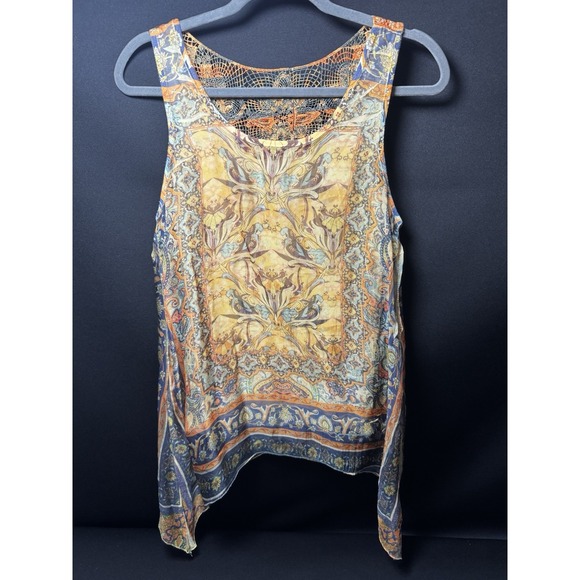 ONE WORLD Tops - One World Live Let Live Boho Tank Top M Paisley Lace Back Asym Hem Sheer Tunic